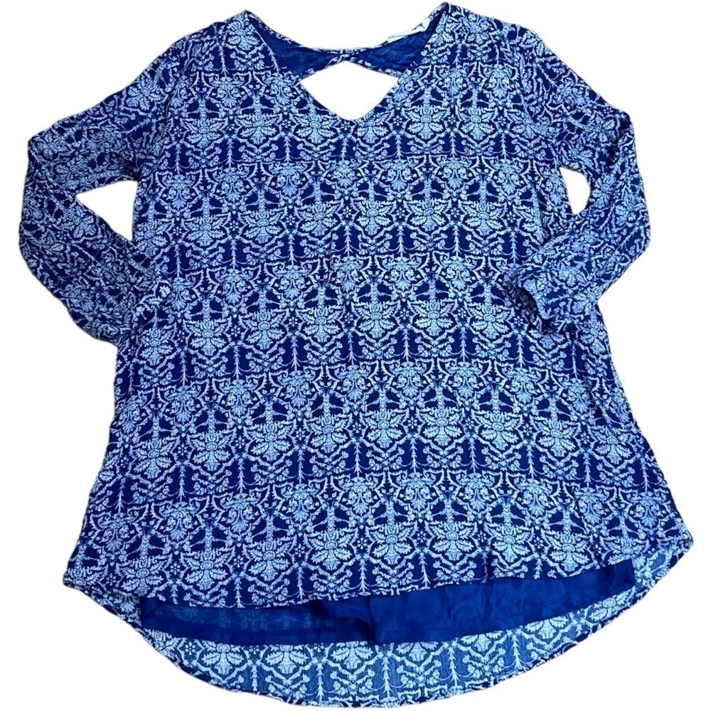 Lush Blue White Boho Print Long Sleeve Tunic Top Size M